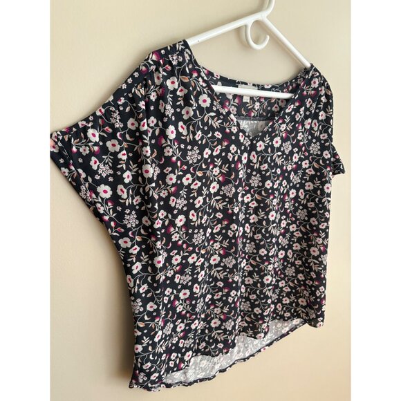 LOFT Floral V-Neck Blouse Black Short Sleeve Top Size XL - Picture 4 of 11
